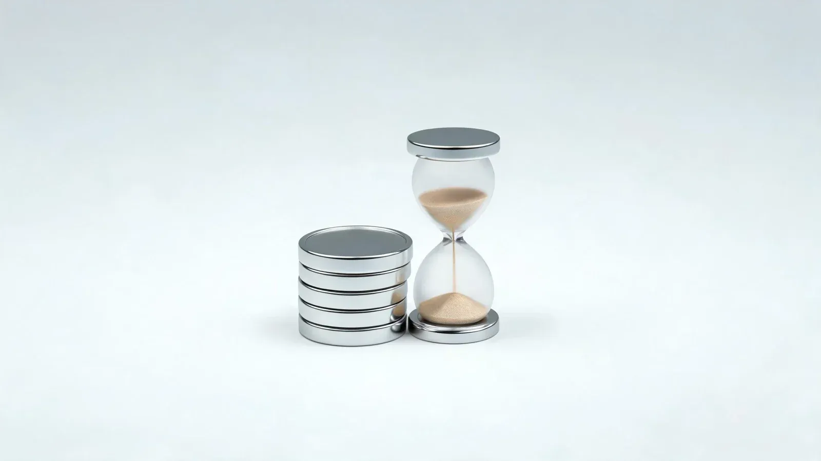 A stack of chrome coins beside a glass hourglass on a light grey background.