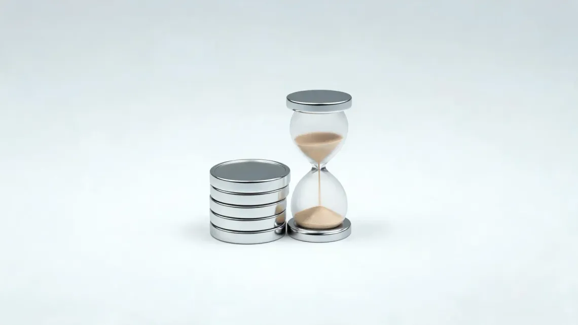 A stack of chrome coins beside a glass hourglass on a light grey background.