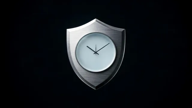 A brushed-metal shield with a clock face set into it, on a black background.