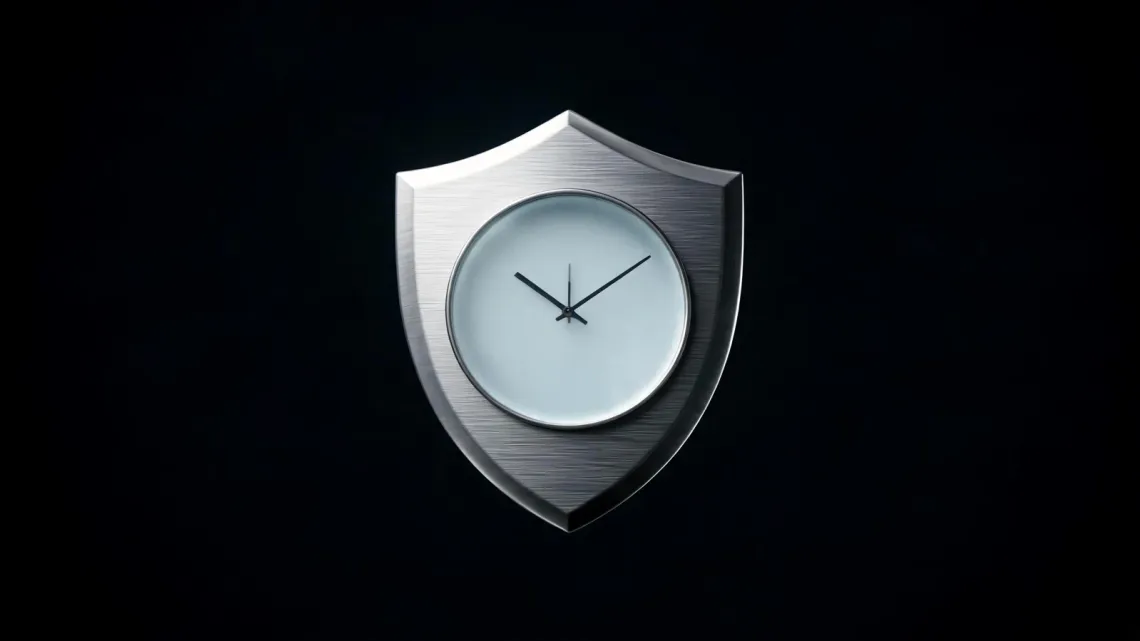 A brushed-metal shield with a clock face set into it, on a black background.
