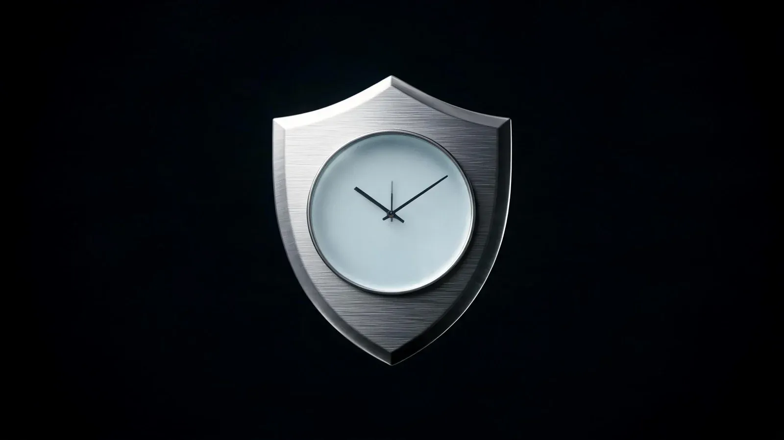 A brushed-metal shield with a clock face set into it, on a black background.