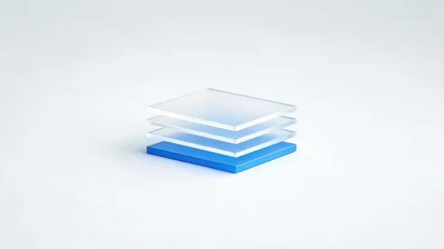 Stacked frosted-glass layers resting on a solid blue base layer, on a light grey background.
