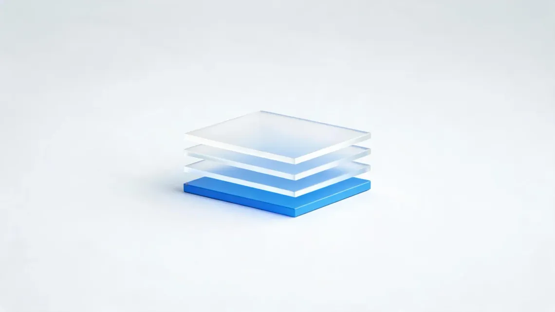 Stacked frosted-glass layers resting on a solid blue base layer, on a light grey background.