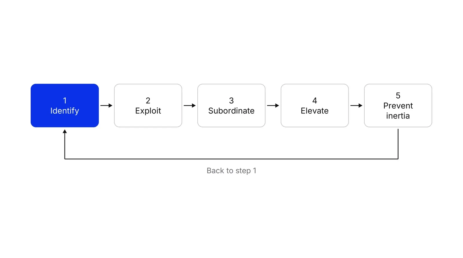 Five boxes in a row labelled Identify, Exploit, Subordinate, Elevate and Prevent inertia, joined by arrows, with a return arrow from the last box back to the blue first box.
