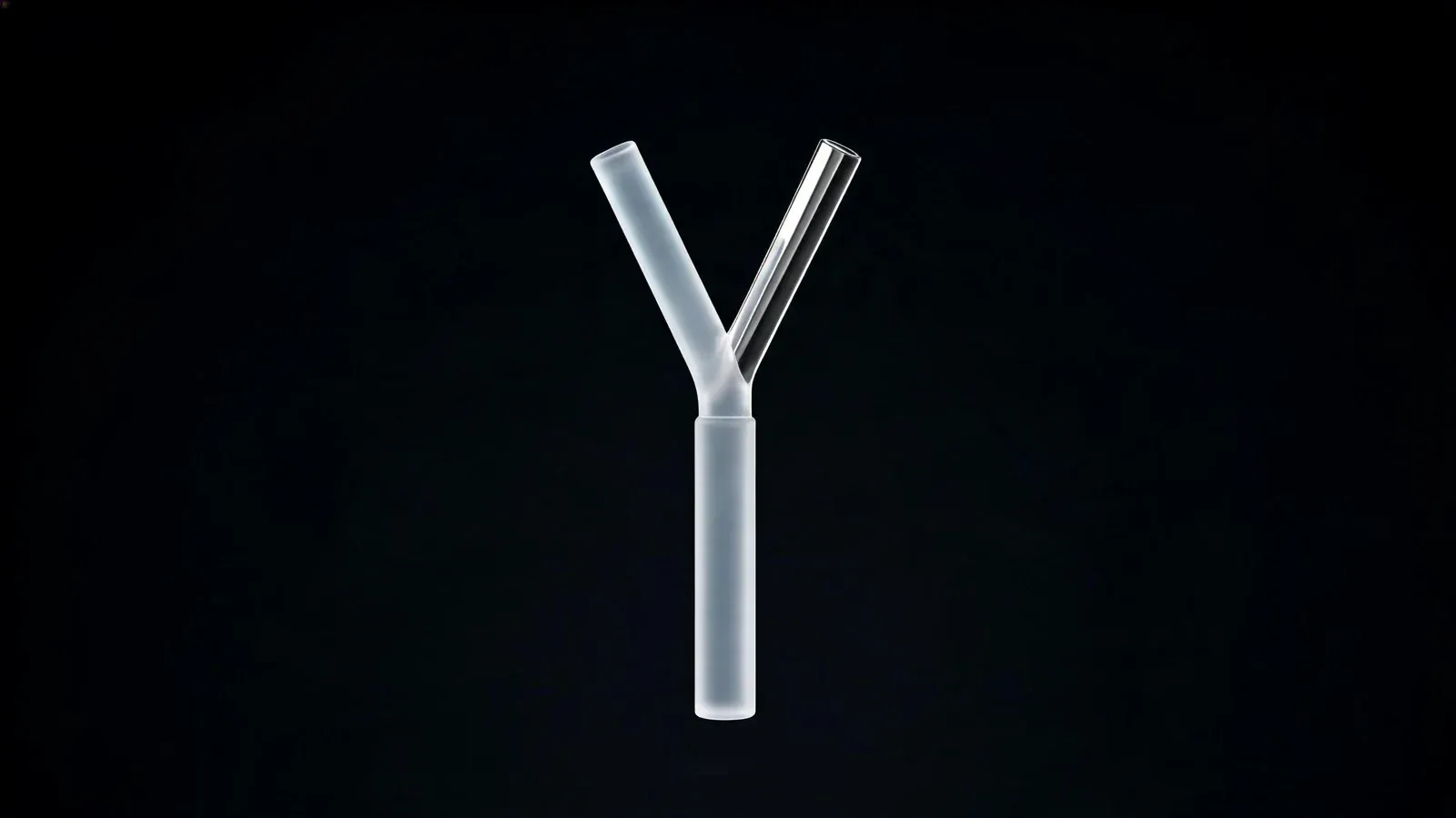 A glass rod splitting into two branches, one of them chrome, on a black background.