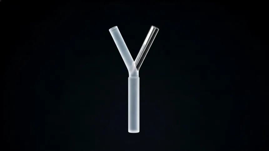 A glass rod splitting into two branches, one of them chrome, on a black background.