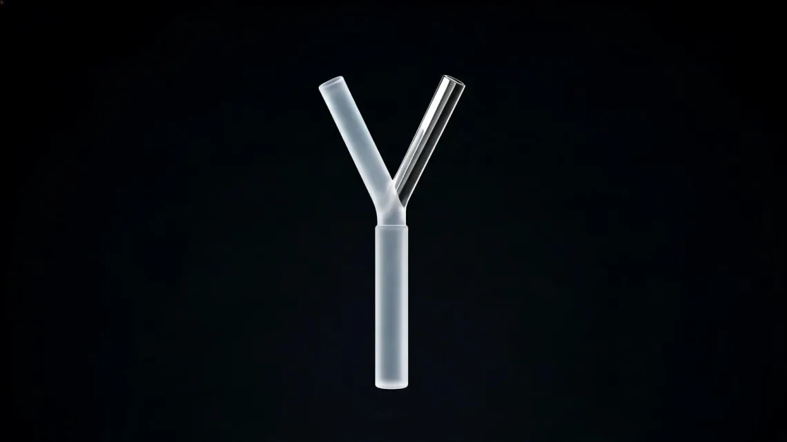 A glass rod splitting into two branches, one of them chrome, on a black background.