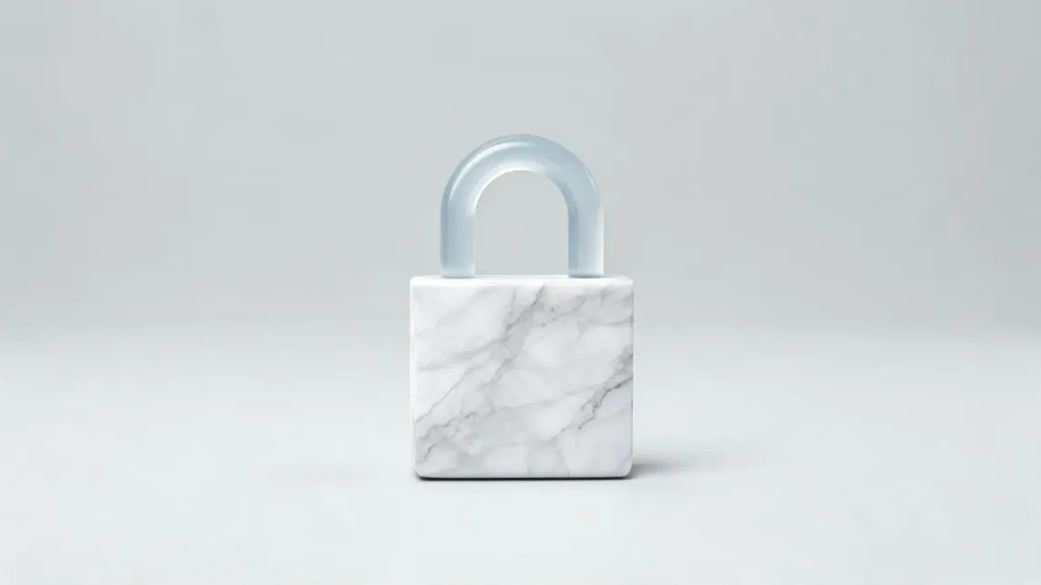 A padlock with a white marble body and a glass shackle, on a light grey background.