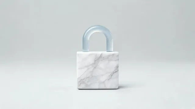 A padlock with a white marble body and a glass shackle, on a light grey background.
