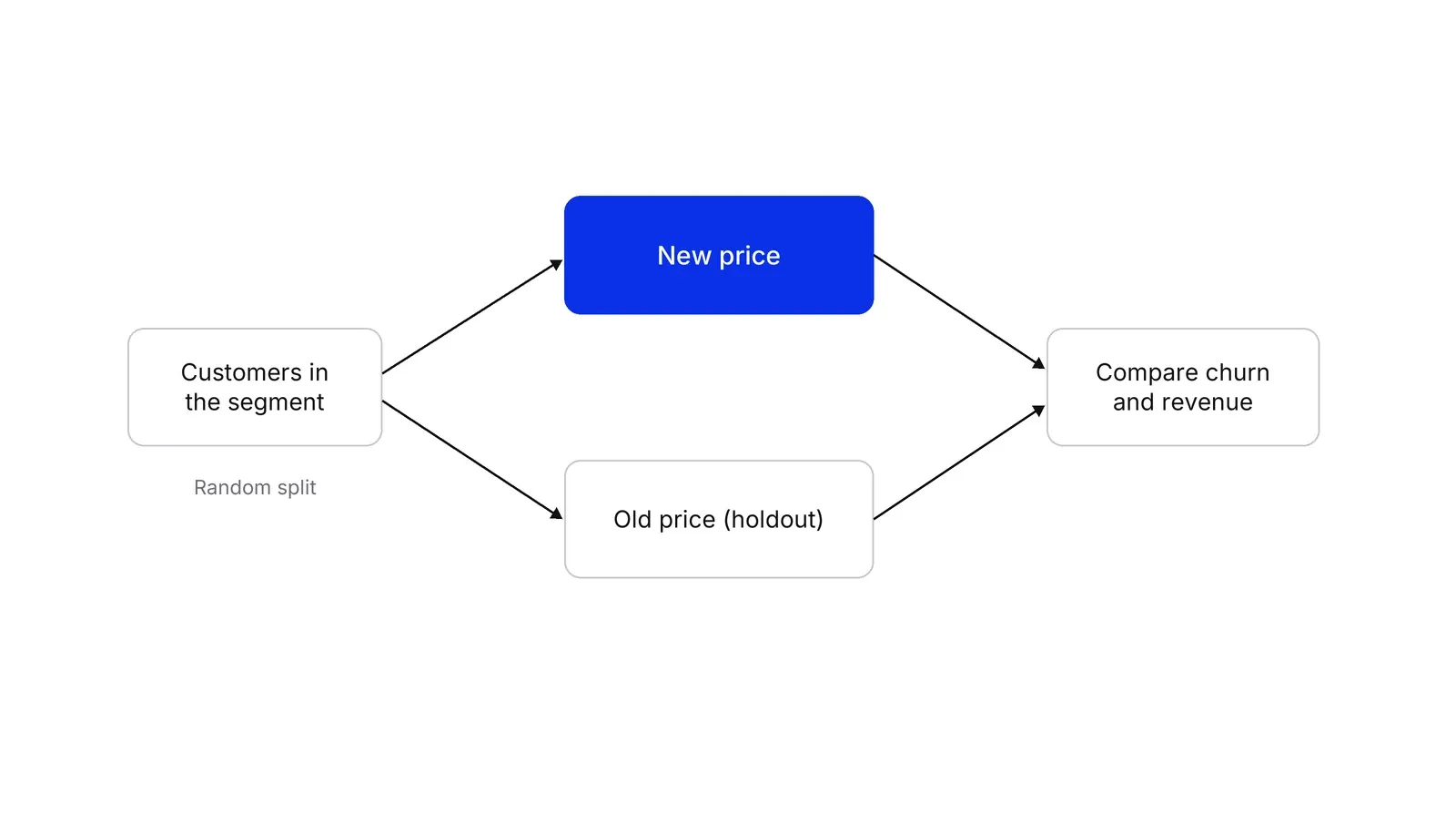 A flow diagram. Customers in the segment are split at random into two groups, one on the new price (blue) and one on the old price as a holdout. Both arrows lead to a box labelled Compare churn and revenue.