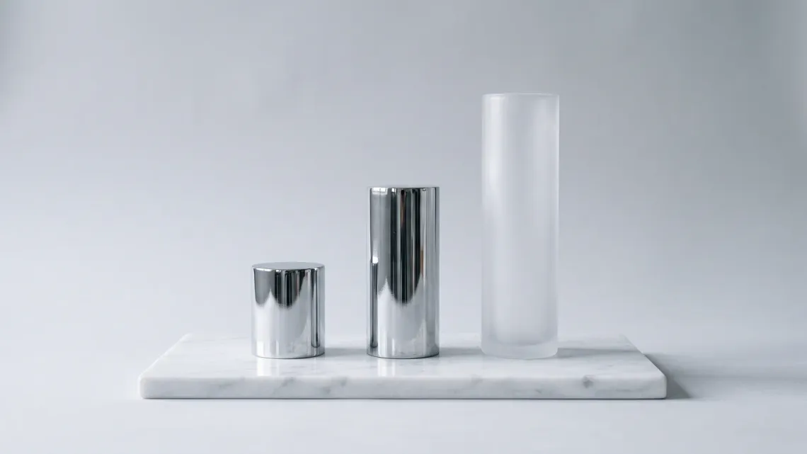 Three cylinders on a white marble slab, growing from short to tall: two in polished chrome, the tallest in frosted glass, on a light grey background.