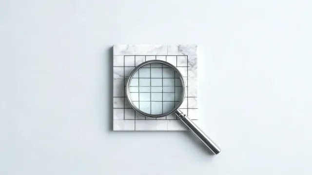 A chrome magnifying glass over a marble tile with a grid, on a light grey background.