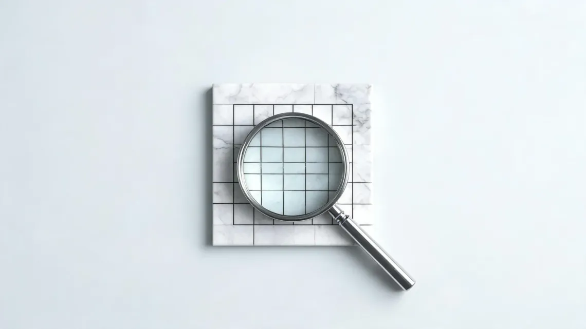 A chrome magnifying glass over a marble tile with a grid, on a light grey background.