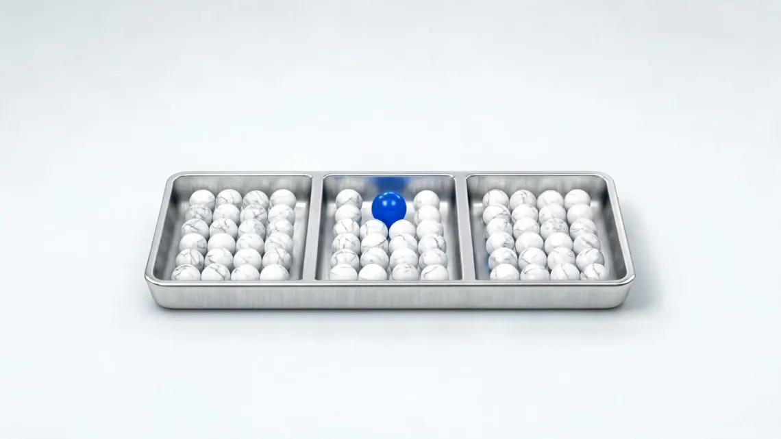 A metal tray with three lanes of white marble spheres and one blue sphere, on a light grey background.