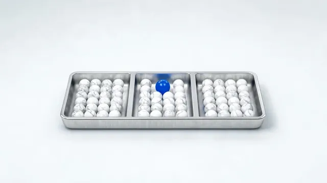 A metal tray with three lanes of white marble spheres and one blue sphere, on a light grey background.