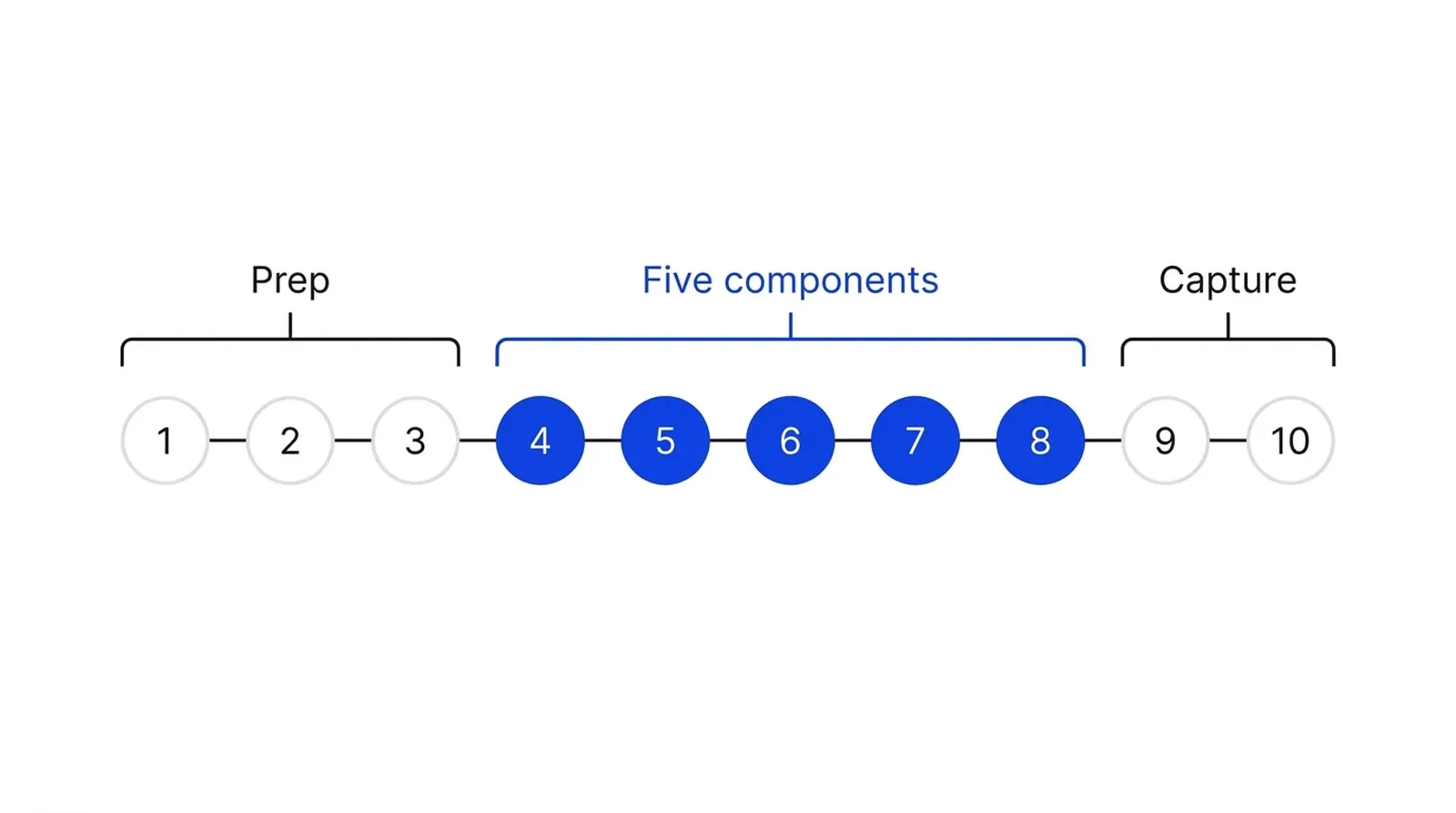 Ten numbered steps in a row split into three groups: Prep over steps 1 to 3, Five components over steps 4 to 8, Capture over steps 9 and 10. The middle group is blue.