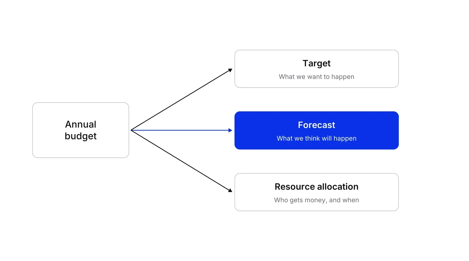 A box labelled Annual budget with three arrows to three boxes: Target, with the note what we want to happen; Forecast, in blue, with the note what we think will happen; and Resource allocation, with the note who gets money, and when.