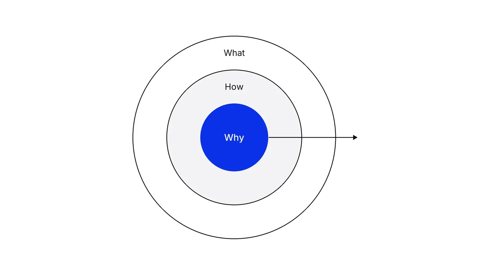 Three concentric circles. The blue centre is labelled Why, the middle ring How and the outer ring What, with an arrow running from the centre outward.