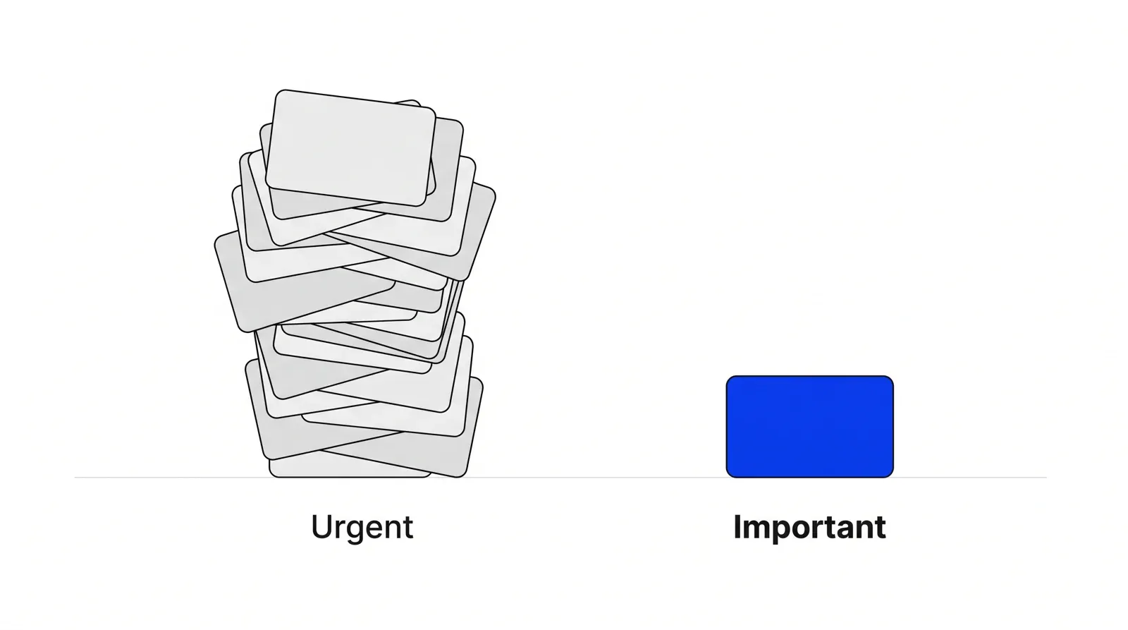 A tall stack of grey cards labelled Urgent next to a single blue card labelled Important, set aside.
