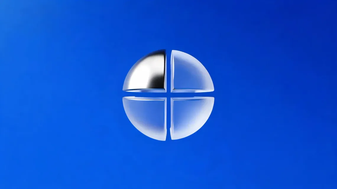 A sphere split into four quarters, one chrome and three glass, on a blue background.